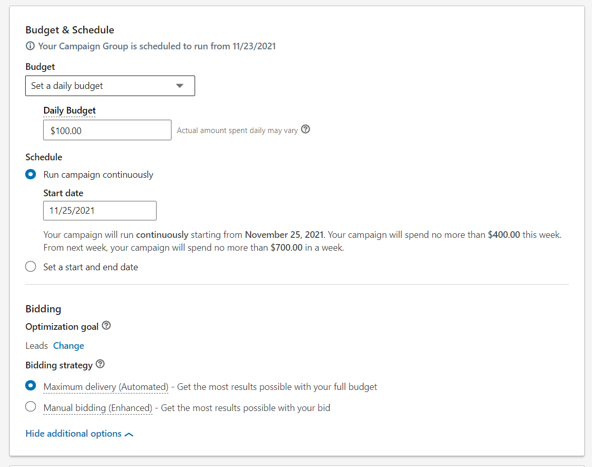 Budget and Schedule on Linkedin Campaigns